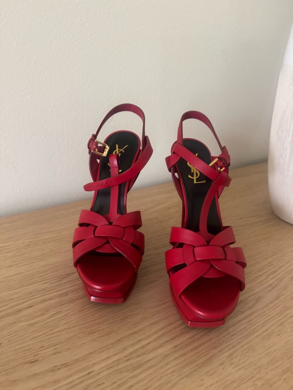 Saint Laurent Red Knotted Platform Slingback Sandals